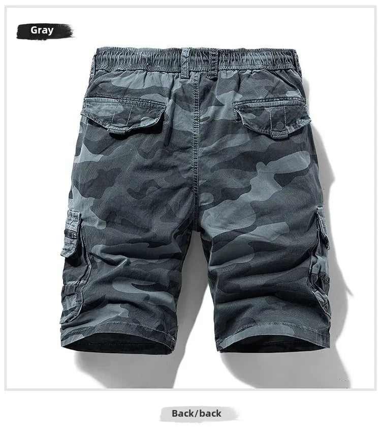 Back view of men's gray camouflage outdoor cargo shorts with stretch fabric.