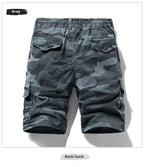 Back view of men's gray camouflage outdoor cargo shorts with stretch fabric.