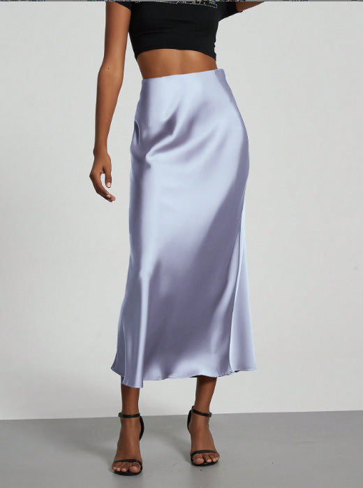Elegant light blue satin midi skirt for women by Mandotos International