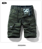 Men's camouflage green outdoor cargo shorts with multiple pockets and drawstring waist.