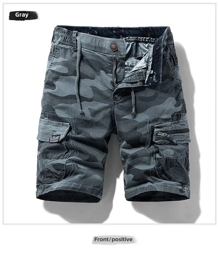 Men's gray camouflage cargo shorts with stretch fabric and utility pockets.