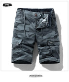 Men's gray camouflage cargo shorts with stretch fabric and utility pockets.