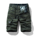 Men's camouflage outdoor cargo shorts in dark green stretch fabric.