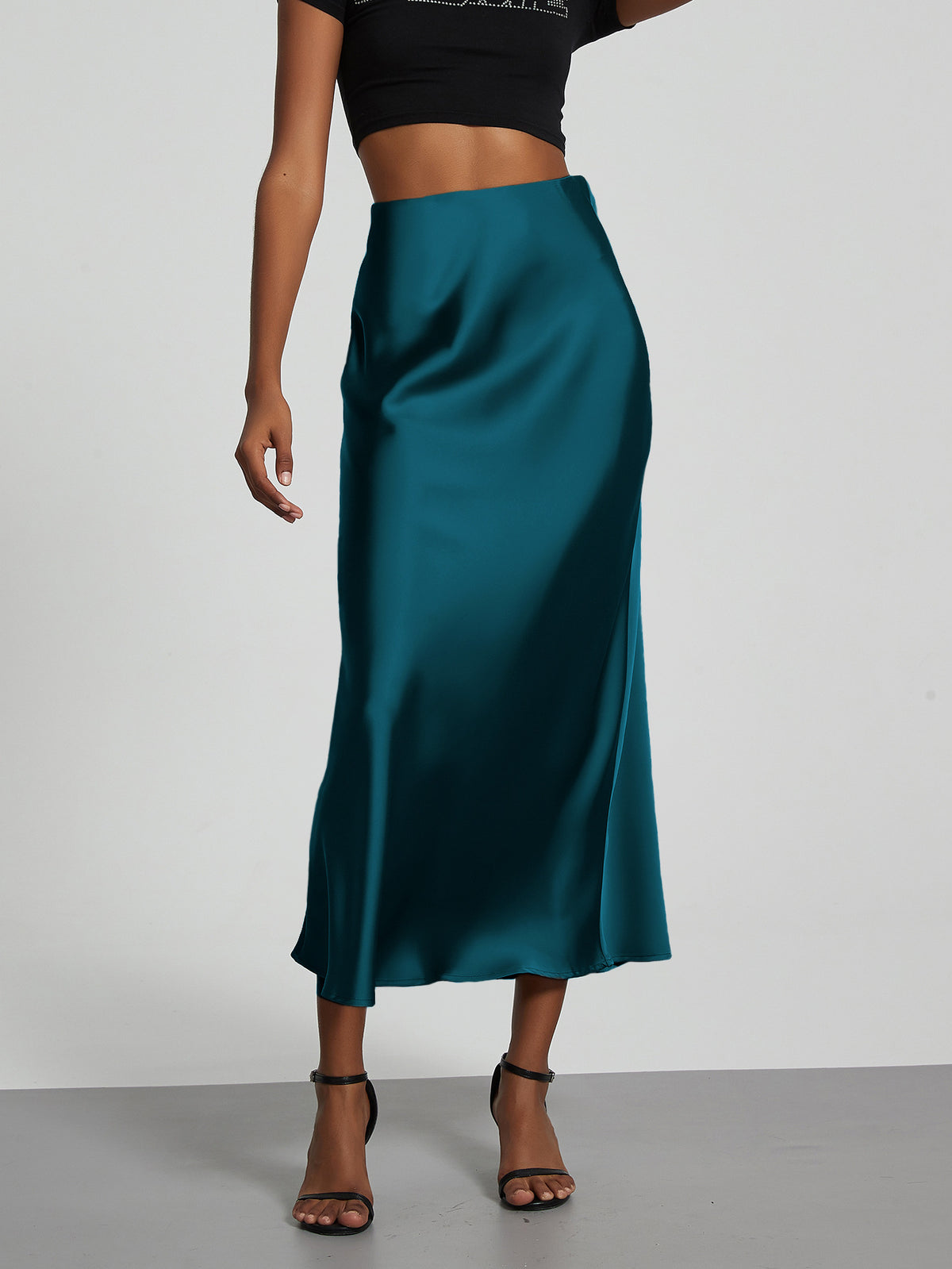 Elegant teal satin midi skirt for women by Mandotos International