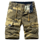 Men's camouflage cargo shorts with drawstring waist and multiple pockets.