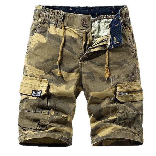 Men's camouflage cargo shorts with drawstring waist and multiple pockets.