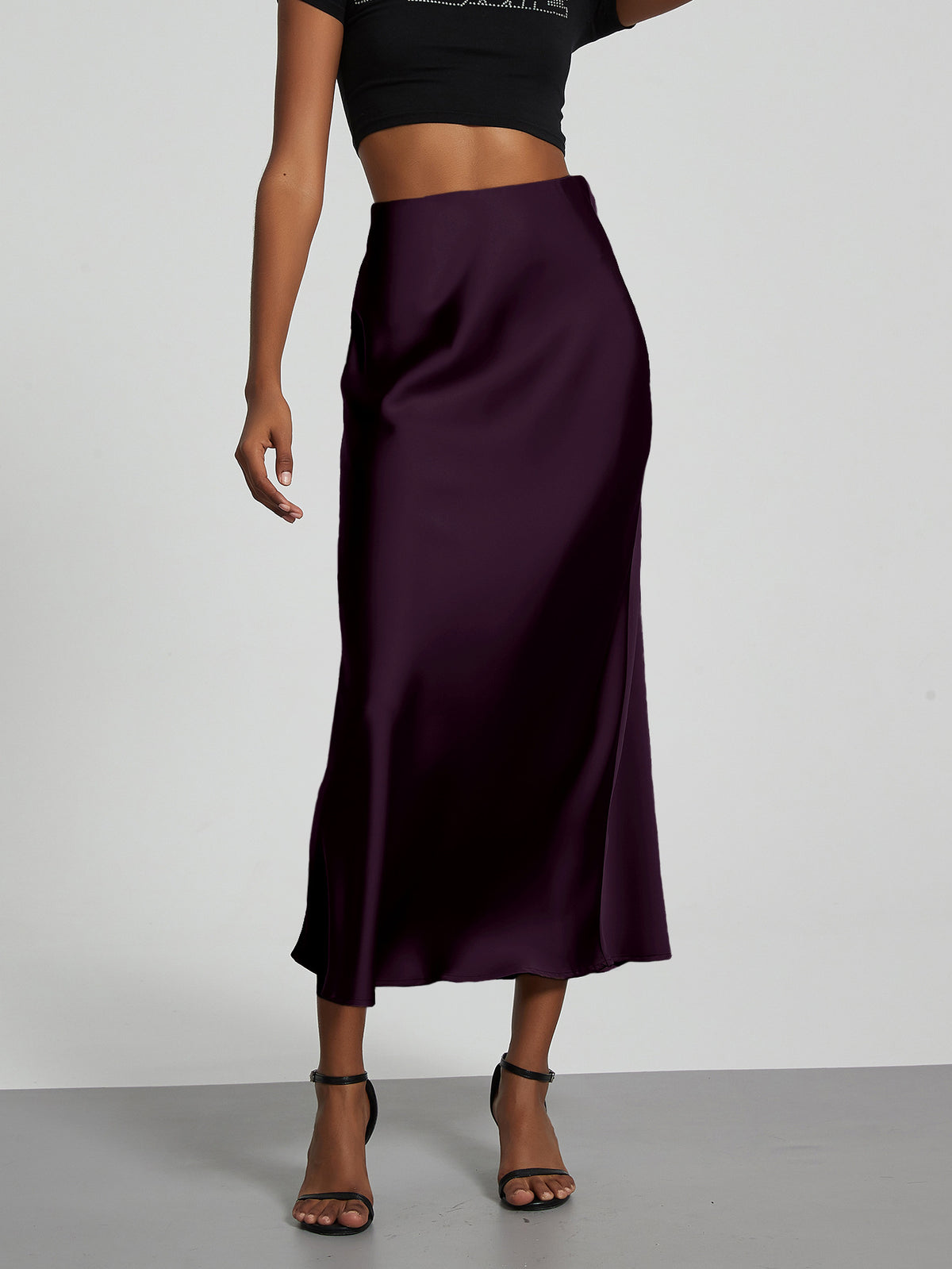 Elegant deep purple satin midi skirt for women by Mandotos International