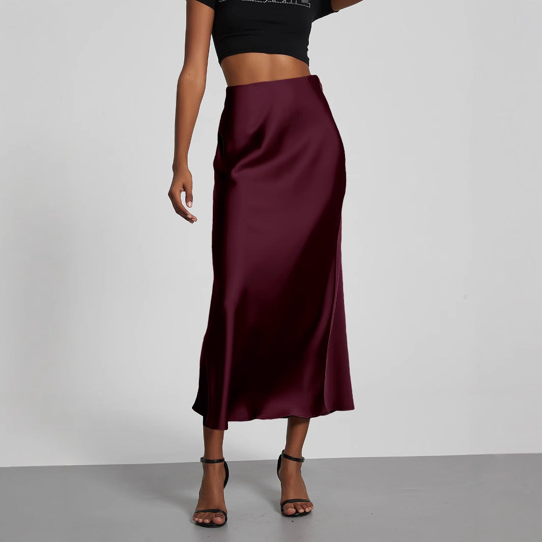 In-Stock Cross-Border Women's Clothing Wholesale European and American Style Elegant Satin Midi Skirt Slimming and Flowy