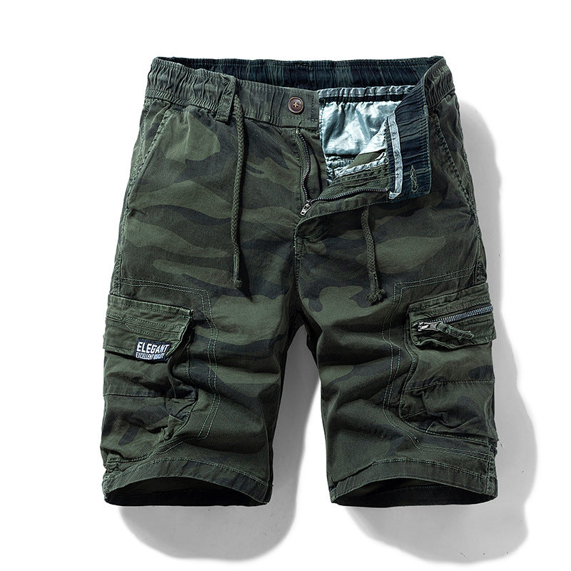 Men's green camouflage outdoor cargo shorts with stretch fabric and side pockets.