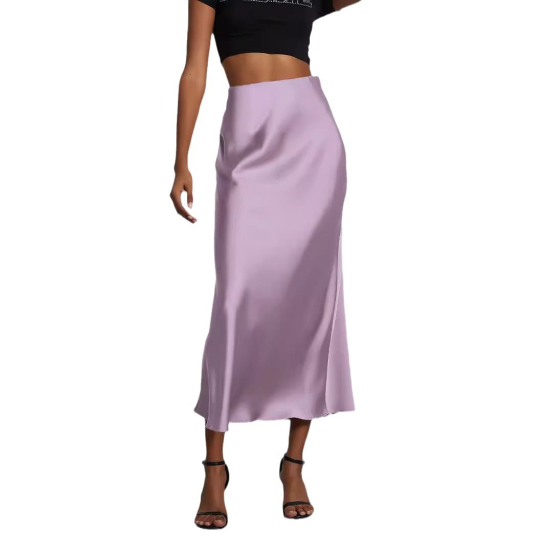Elegant lavender satin midi skirt with a slim, flowy silhouette for women.