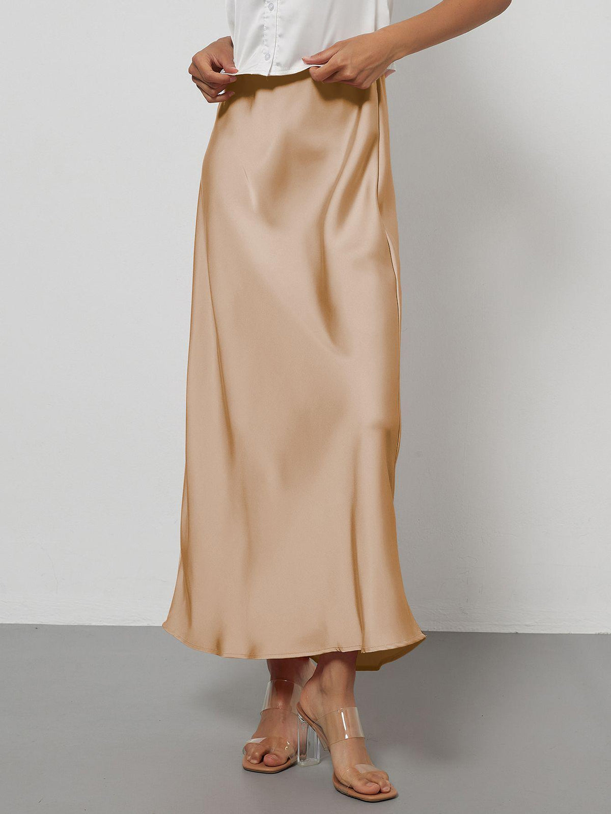 Elegant champagne satin midi skirt for women by Mandotos International