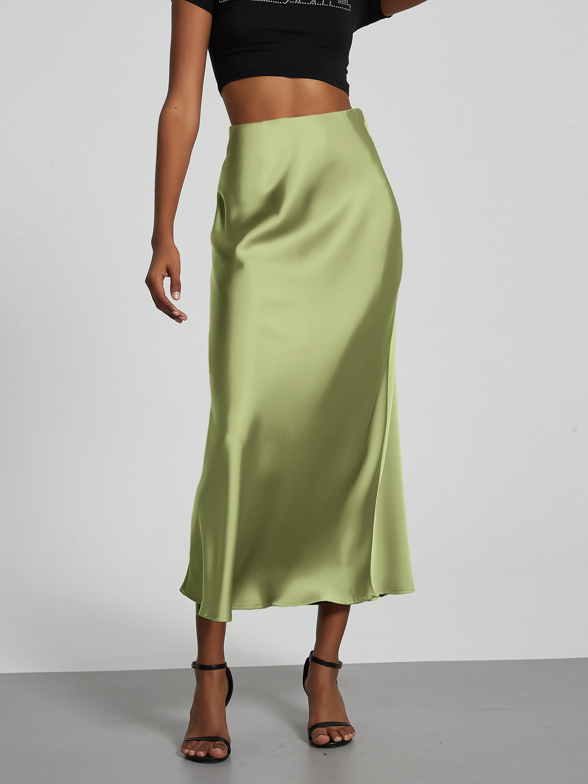Elegant sage green satin midi skirt for women by Mandotos International