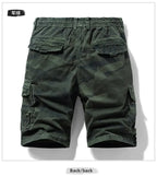 Back view of men's green camouflage outdoor cargo shorts with multiple pockets.