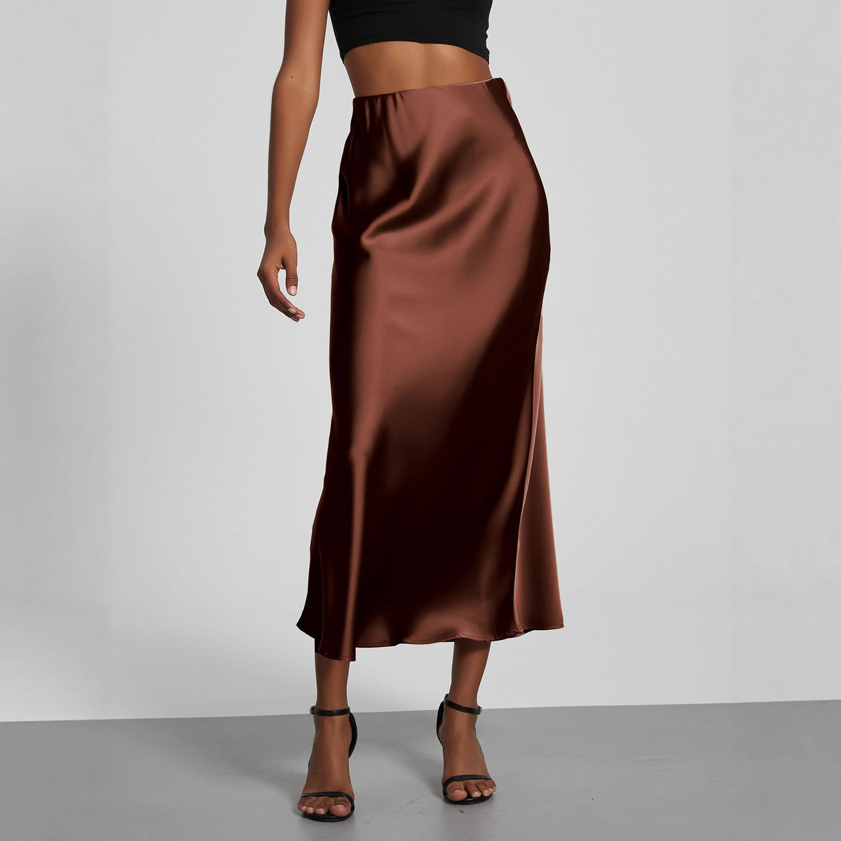 Elegant chocolate brown satin midi skirt for women by Mandotos International