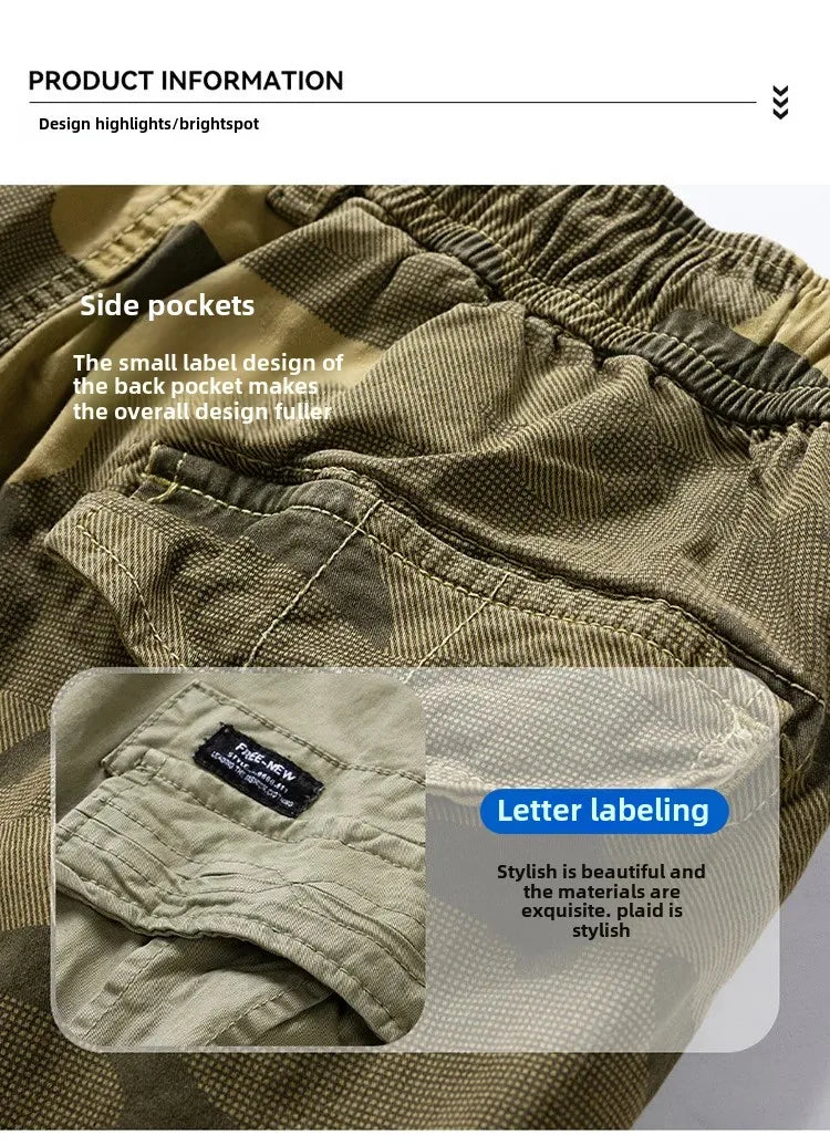 Close-up of men's camouflage outdoor cargo shorts featuring side pockets and letter labeling.
