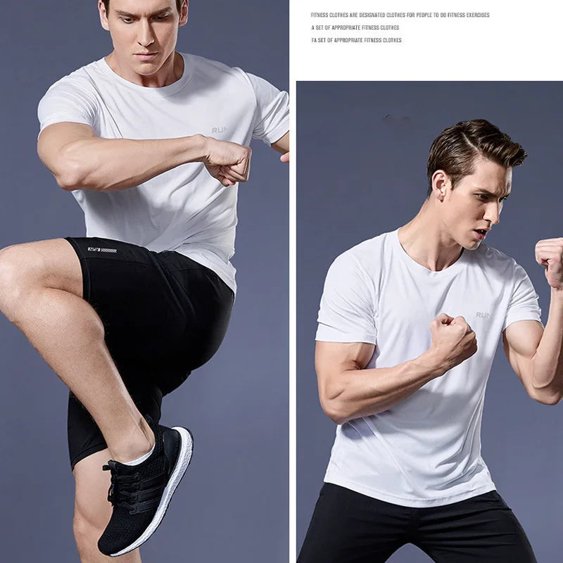 Man wearing Mandotos International white quick dry compression fitness gym t-shirt.