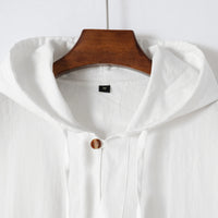 Men's Summer Fashion Casual Cotton and Linen Sports Hooded Shirts, Personalized One-Button Drawstring Solid-Color Pullovers