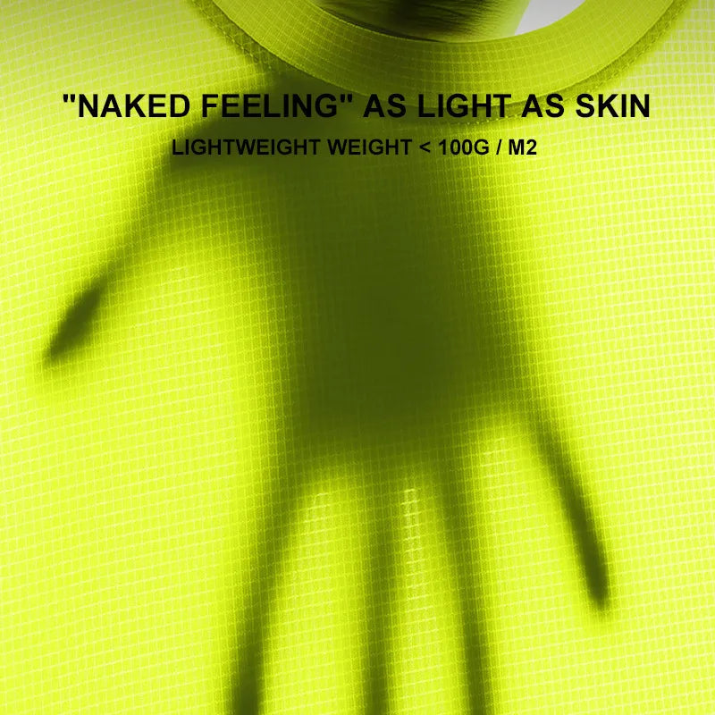 Lightweight lime green quick-dry sport t-shirt fabric with 'Naked Feeling' text