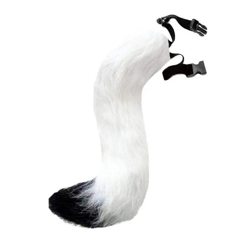 White and black faux fur fox tail cosplay prop for Halloween costumes.