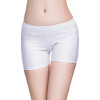 Mandotos International white belly dance safety shorts with sparkling diamond accents