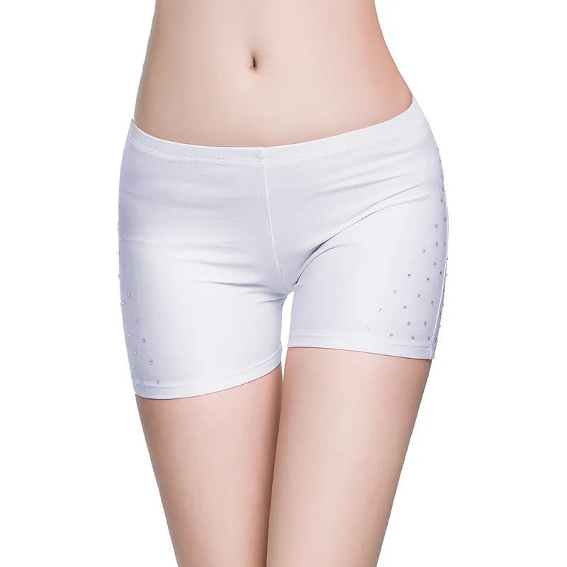 Mandotos International white belly dance safety shorts with sparkling diamond accents