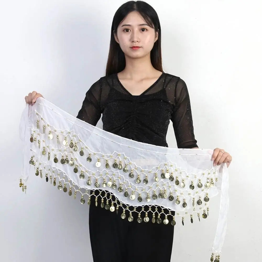 Woman holding a white belly dance hip scarf with gold coin tassels by Mandotos International