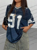 Women's navy blue loose short sleeve t-shirt with white 91 digital fashion print.