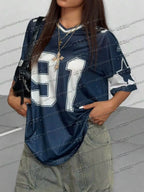Women's navy blue loose short sleeve t-shirt with white 91 digital fashion print.