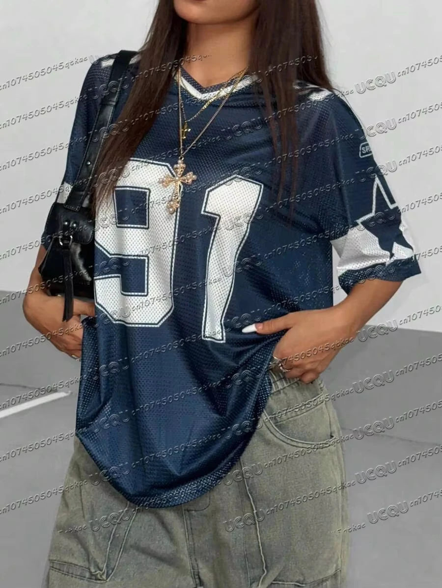 Women's navy blue loose short sleeve t-shirt with white 91 digital fashion print.