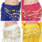 Assorted colorful belly dance hip scarves with gold sequins and coin tassels.