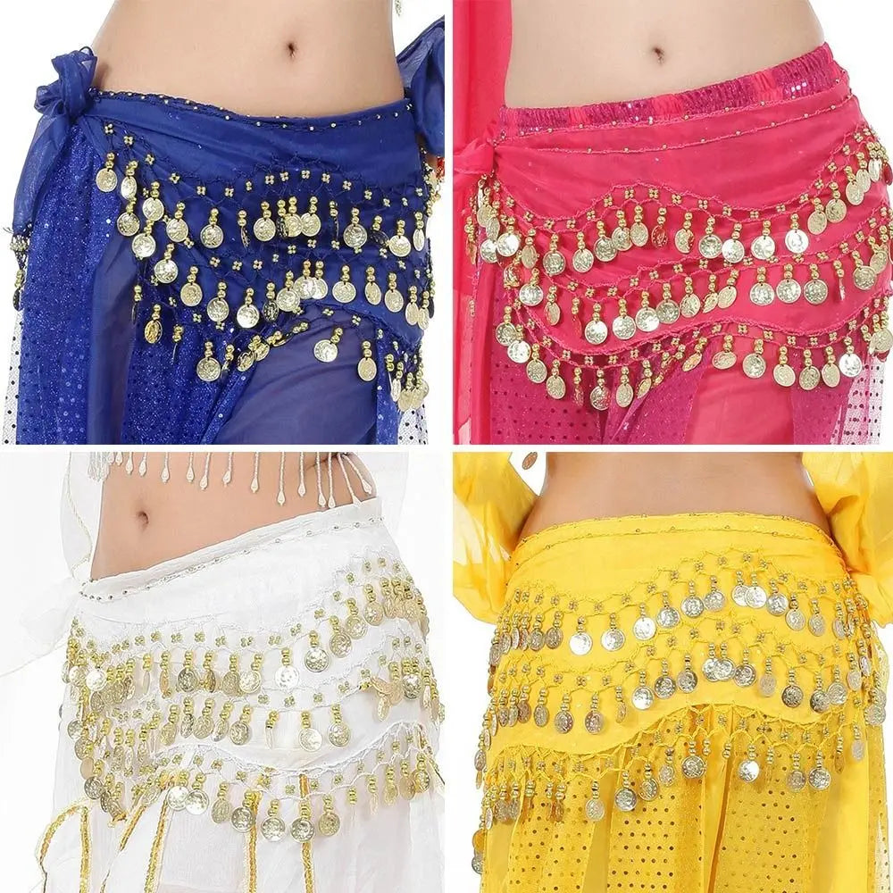 Assorted colorful belly dance hip scarves with gold sequins and coin tassels.