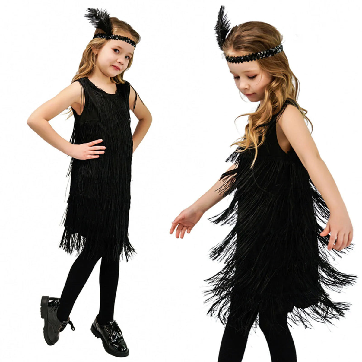 Girl in black sequin fringe flapper dress and feather headband for carnival or Latin dance.