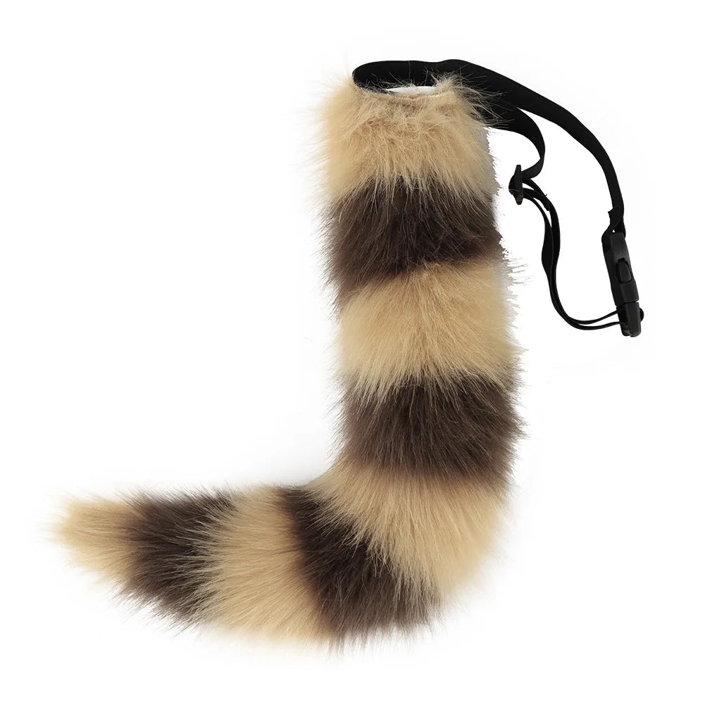 Fluffy brown and tan striped faux fur animal tail for cosplay and Halloween costumes.