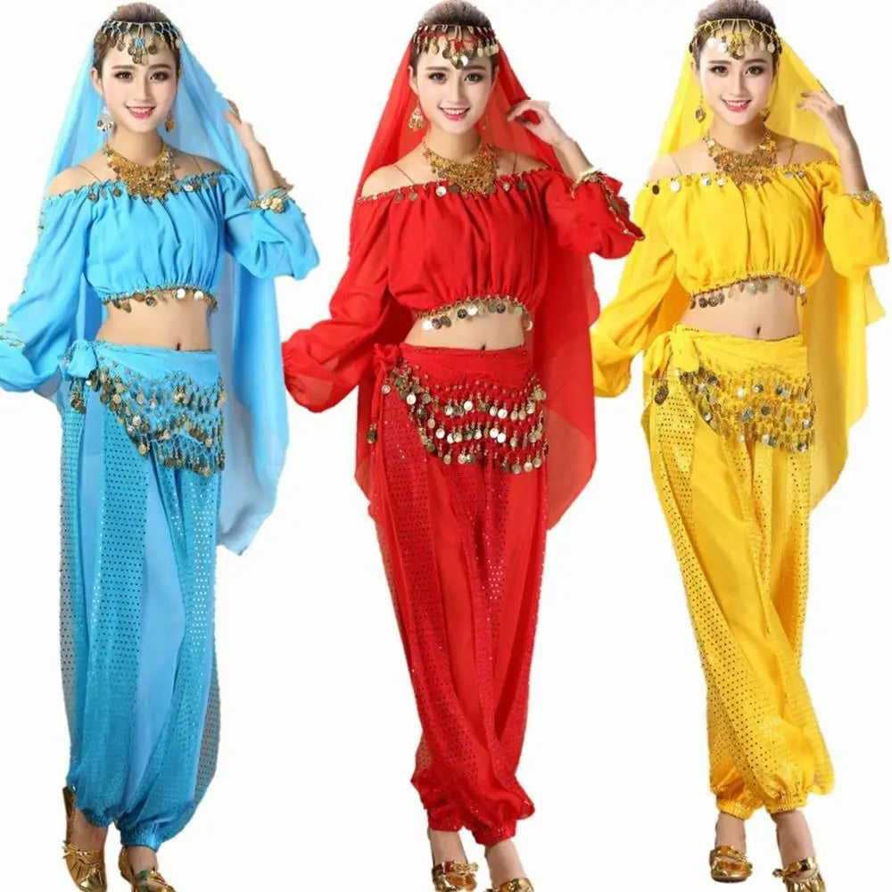 Three women wearing blue, red, and yellow Mandotos International belly dance costumes with sequins.