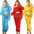 Three women wearing blue, red, and yellow Mandotos International belly dance costumes with sequins.
