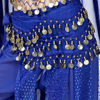Blue Mandotos International belly dance hip scarf with gold coins and sequins