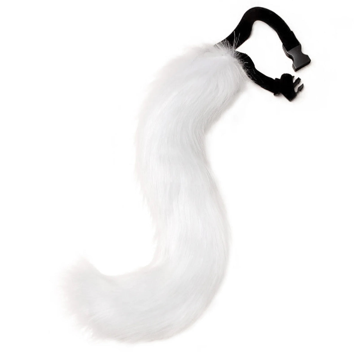 White faux fur fox tail cosplay prop with black clip attachment for Halloween costumes.