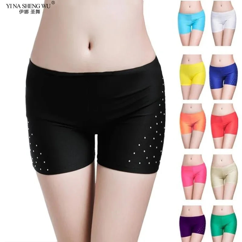 Black belly dance safety shorts with diamond embellishments and various color options.