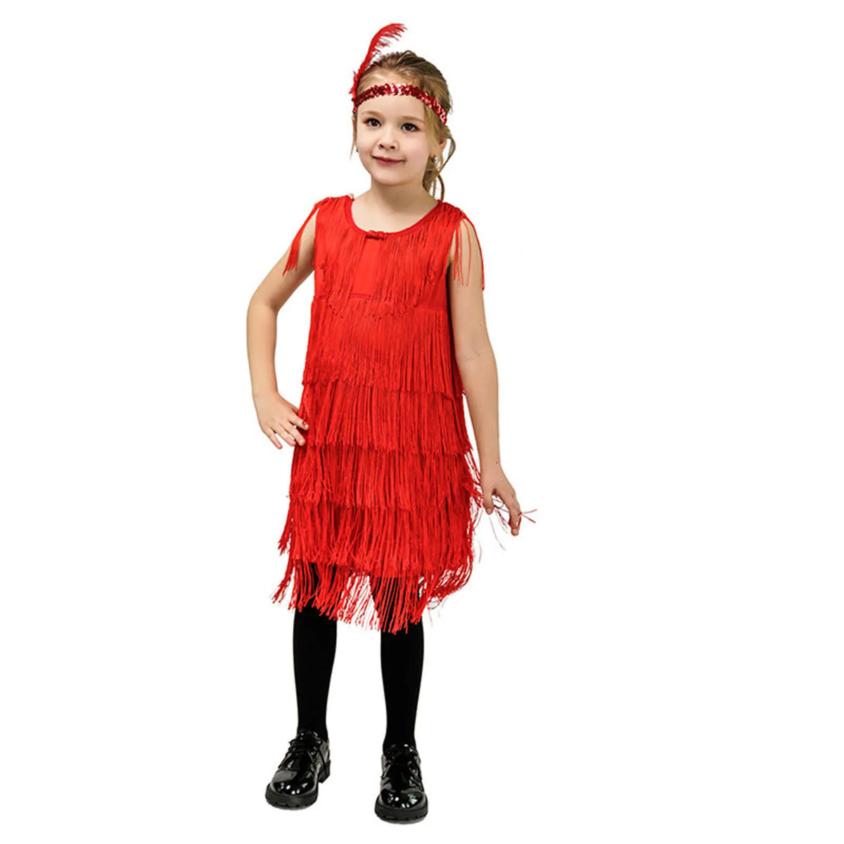 Girl in a red flapper style fringe party dress with a feather headband.
