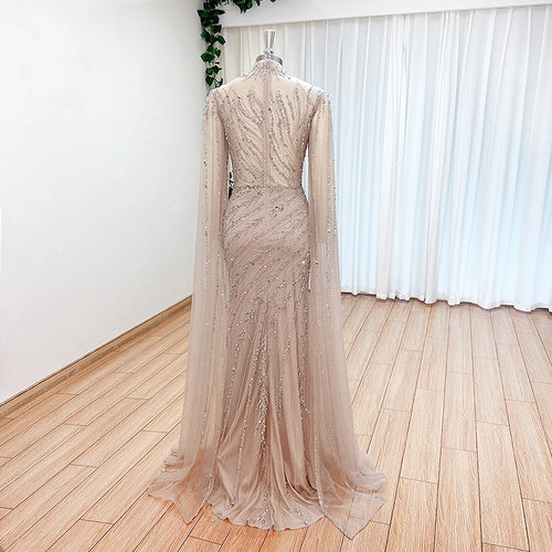 Eshaut&bridal Luxury Beaded Evening Dress Cape Sleeve Dubai Sheer Neck Mermaid Formal Prom Wedding Party Gown Customized 2026