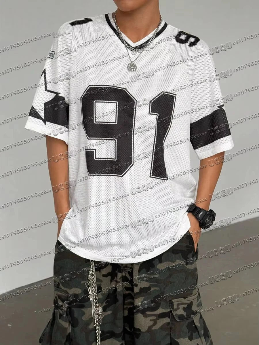 Women's white summer T-shirt with 91 digital fashion print and loose street wear fit.