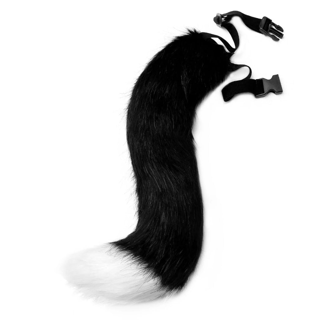 Black and white faux fur fox tail cosplay accessory for anime and Halloween costumes