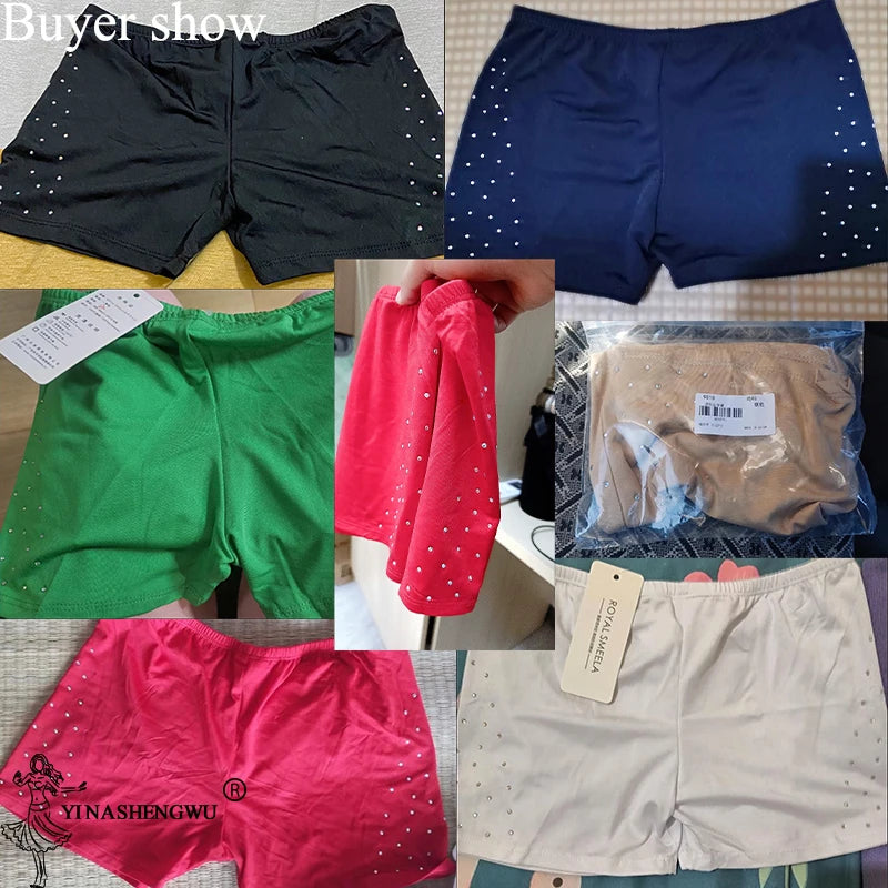 Assorted colors of Mandotos International belly dance safety shorts with diamond embellishments