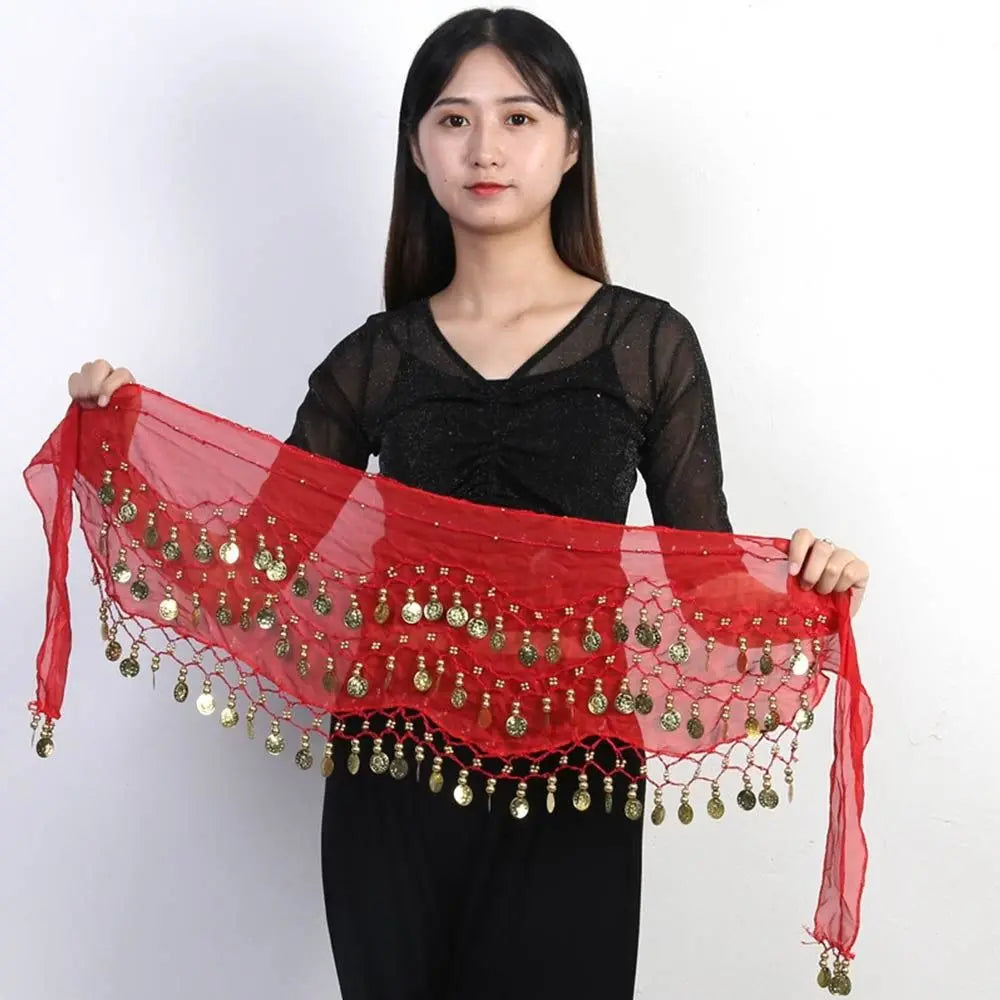 Woman holding a red sexy belly dance hip scarf wrap belt with gold coins and tassels