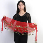Woman holding a red sexy belly dance hip scarf wrap belt with gold coins and tassels