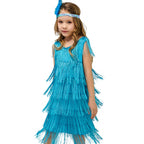 Girl in a blue sequin flapper dress with fringe tassels and matching headband for carnival.
