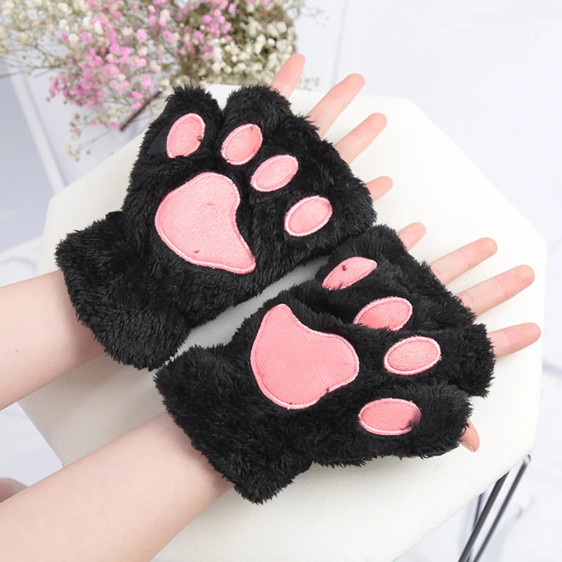 Kawaii black plush fingerless winter gloves with pink cat paw prints