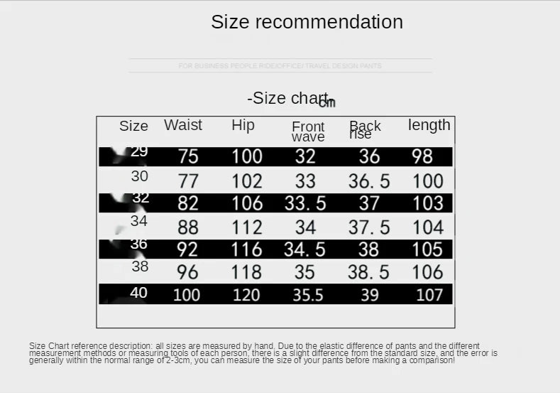 Size chart for Mandotos International men's cargo pants showing waist, hip, and length measurements.