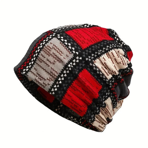 Autumn & Winter Vintage Printed Beanie - Classic Color Block Elastic Slouchy Skull Cap Boho Neck Gaiter Windproof for Women Men