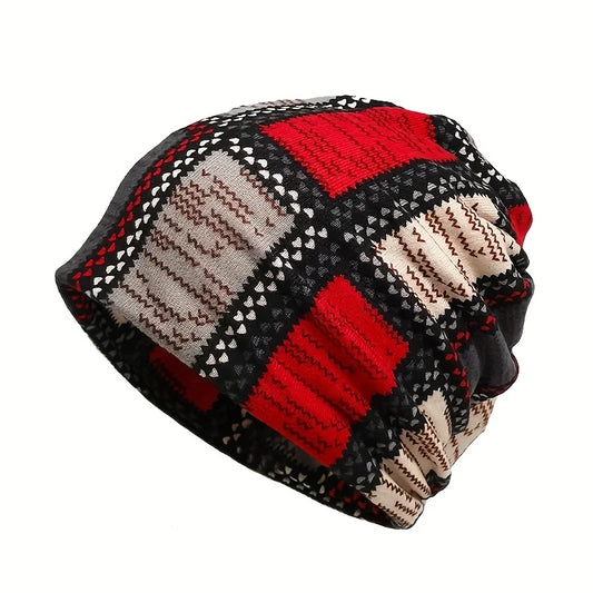 Autumn & Winter Vintage Printed Beanie - Classic Color Block Elastic Slouchy Skull Cap Boho Neck Gaiter Windproof for Women Men